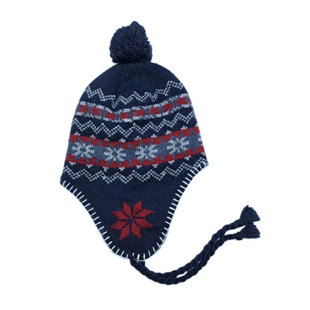 Snow Ski Hat Knit Fleece Winter Ski Fair Isle Snowflake Beanie Wool Blend Blue